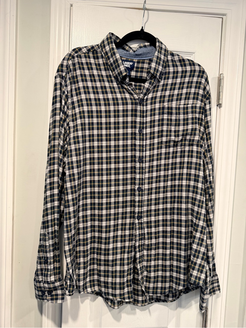 Lands’ End Size XL Plaid Stretch Flannel Shirt Green Navy Long Sleeve Button
